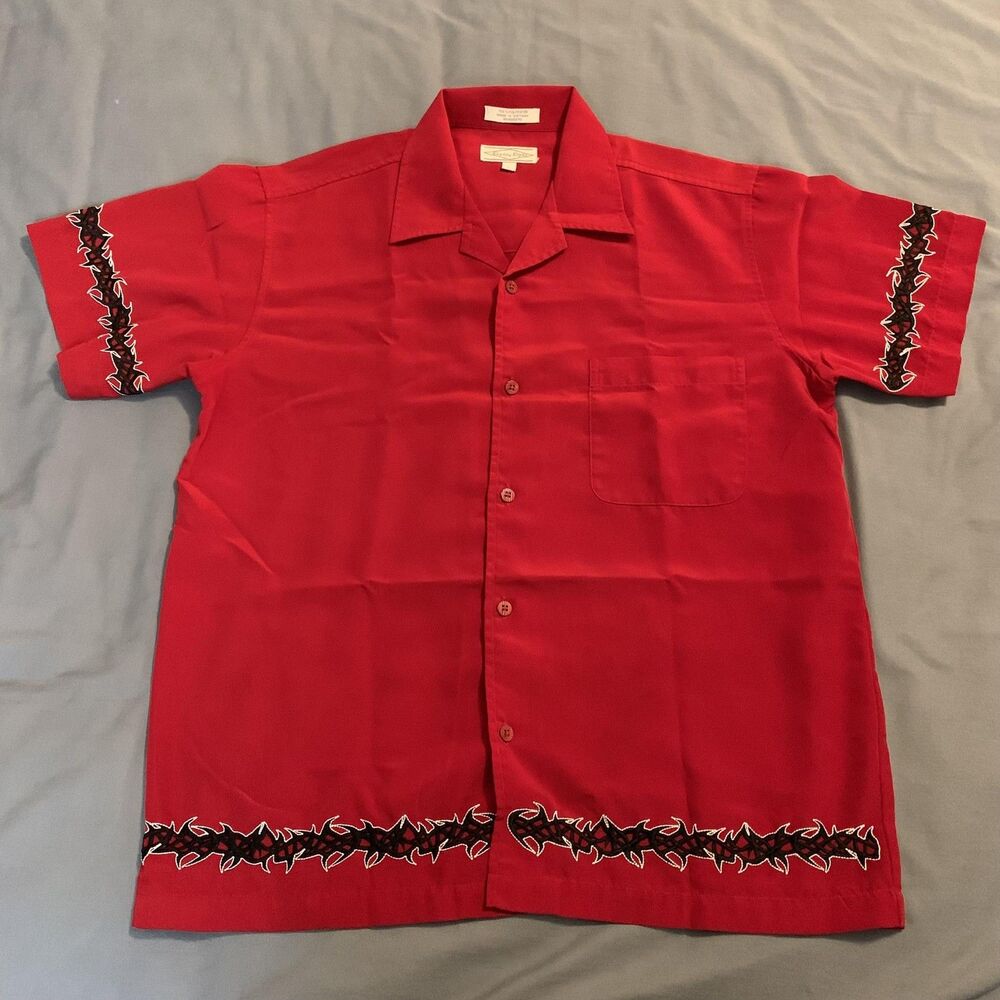 Eighty Eight Shirt Mens Large Red Button Up Short Sleeve Tribal Print Polyester